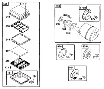 Air Cleaner, Muffler Diagram and Parts List for 90212-0216-01  Briggs and Stratton Engine